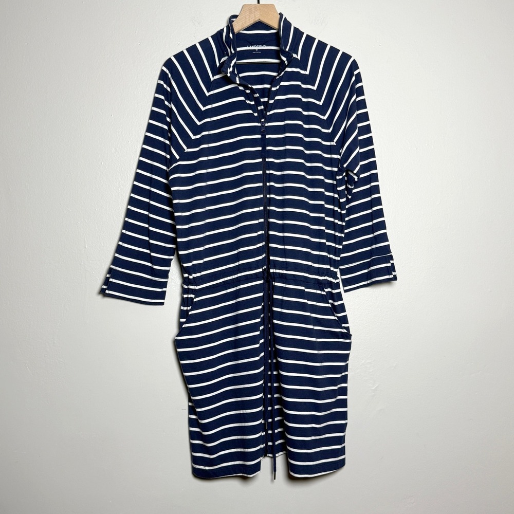 Lands' End Womens Full Zip Dress XL 18 Blue White Striped Minimalist Vacation